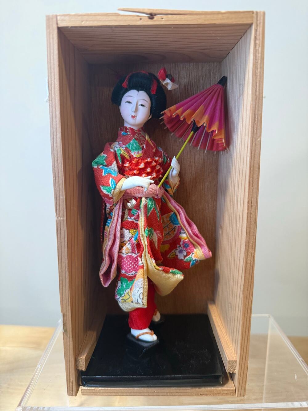 Vintage Nishi Japanese Geisha Doll Red Kimono and Umbrella JL